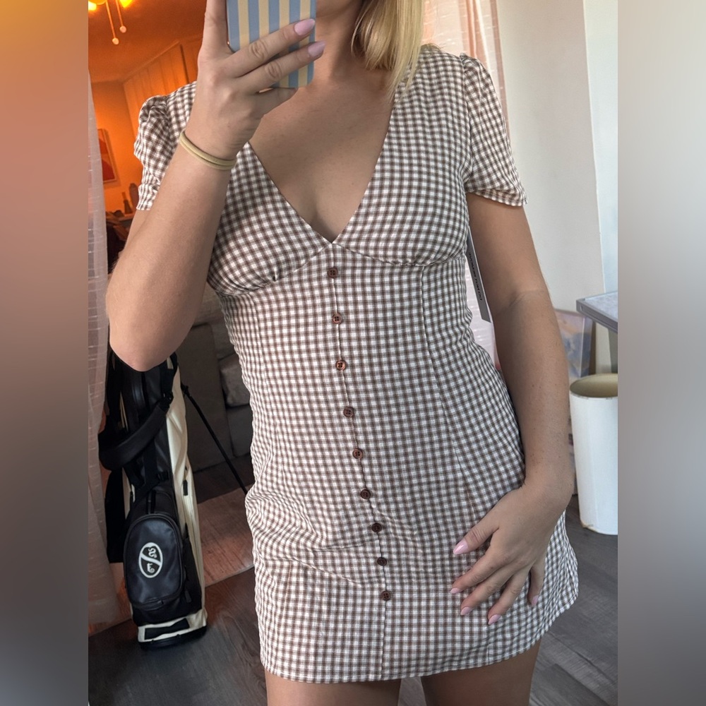 Brown Gingham Button-Down Dress